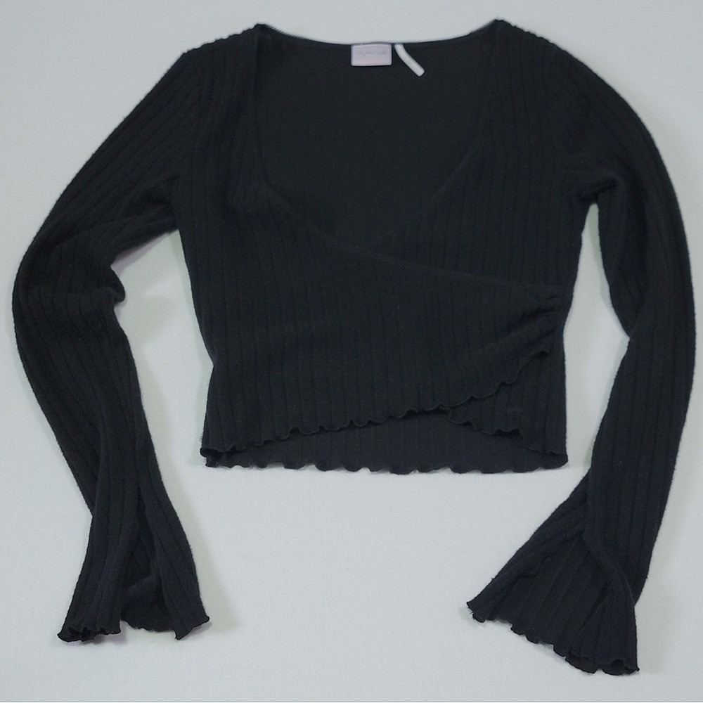 Urban Outfitters Black Ribbed CropTop Medium Bell Sleeve Cross Front Plunge Neck